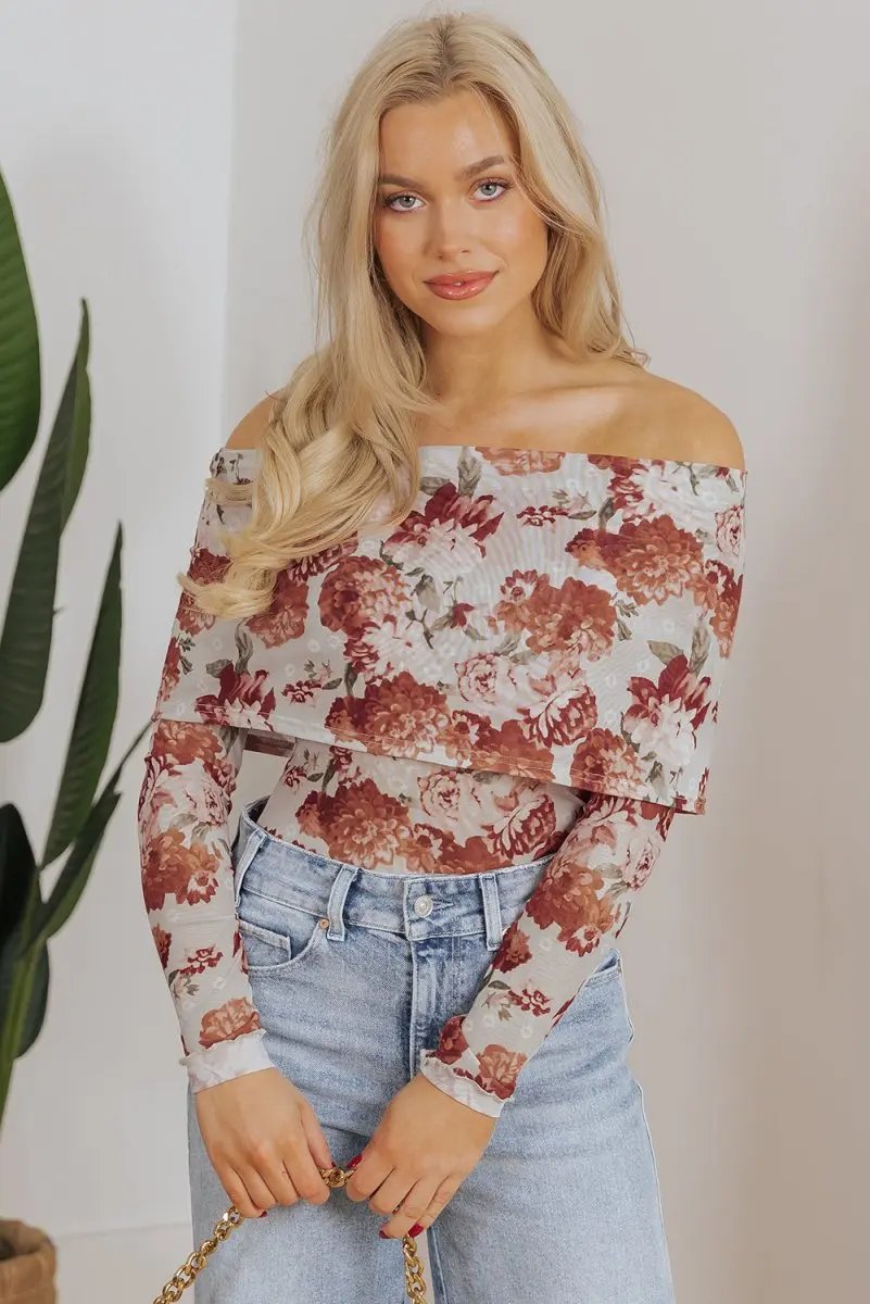 Pink Floral Printed Long Sleeve Sheath Bodysuit for Women - Love Salve